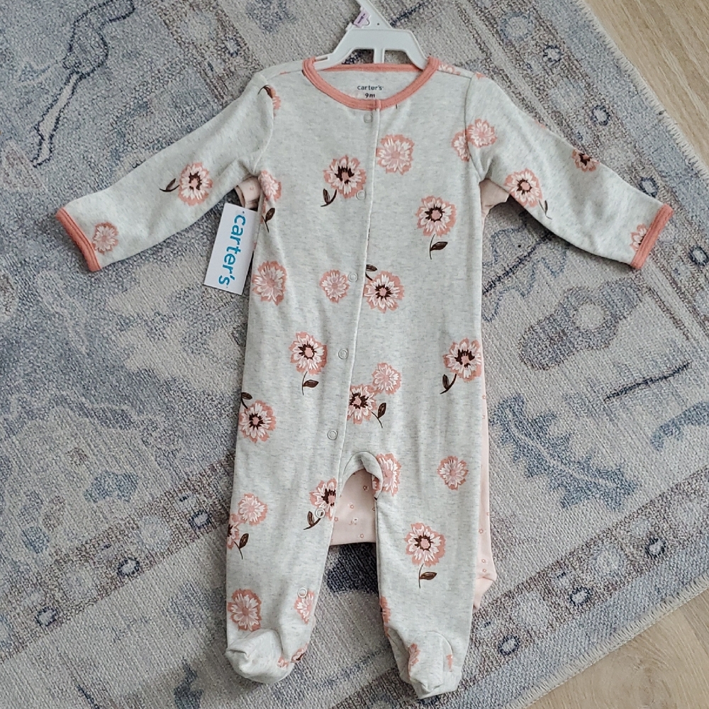 NWT Carter's Baby Girls 3-piece Blush And Oatmeal Pajama Set Sz9m
